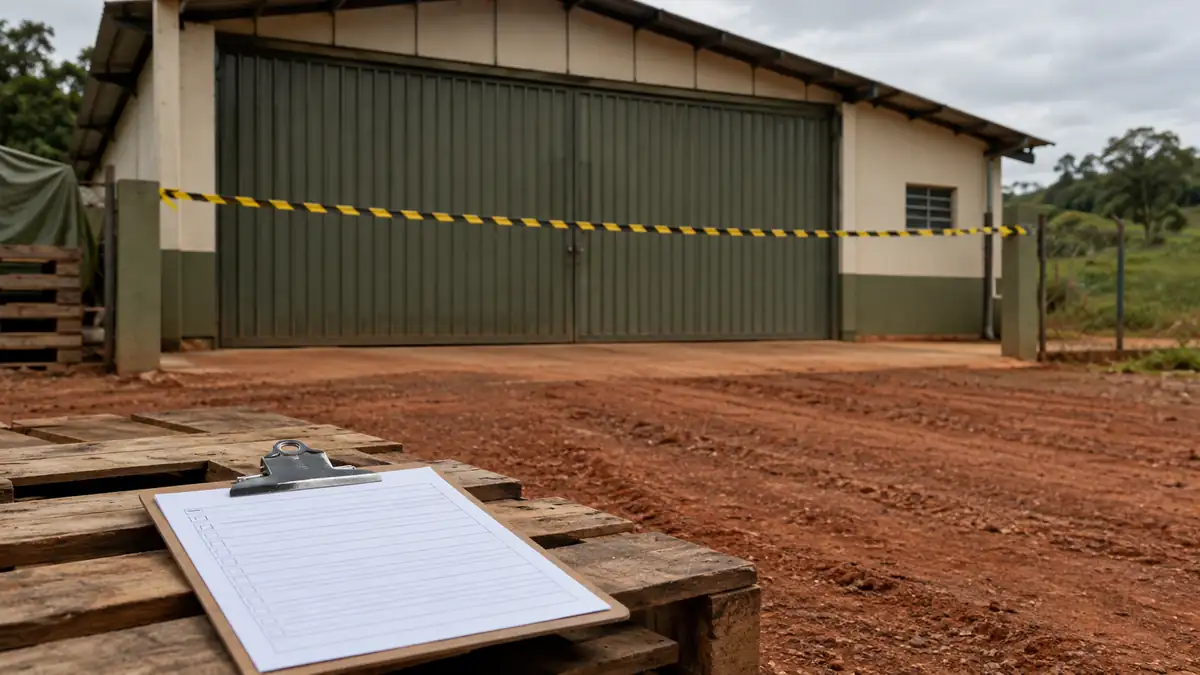 Portão de galpão industrial fechado com fita de interdição após fiscalização ambiental Portão de galpão industrial fechado com fita de interdição após fiscalização ambiental
